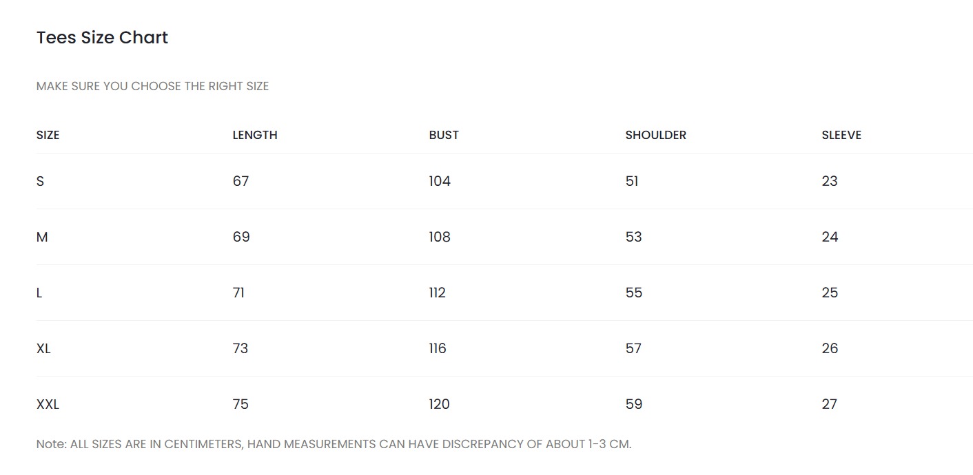 Tees Size Chart