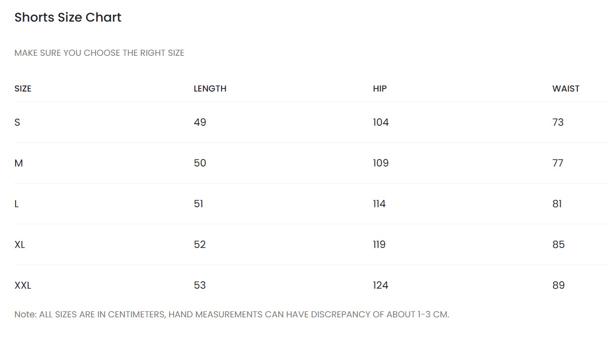 Short Size Chart