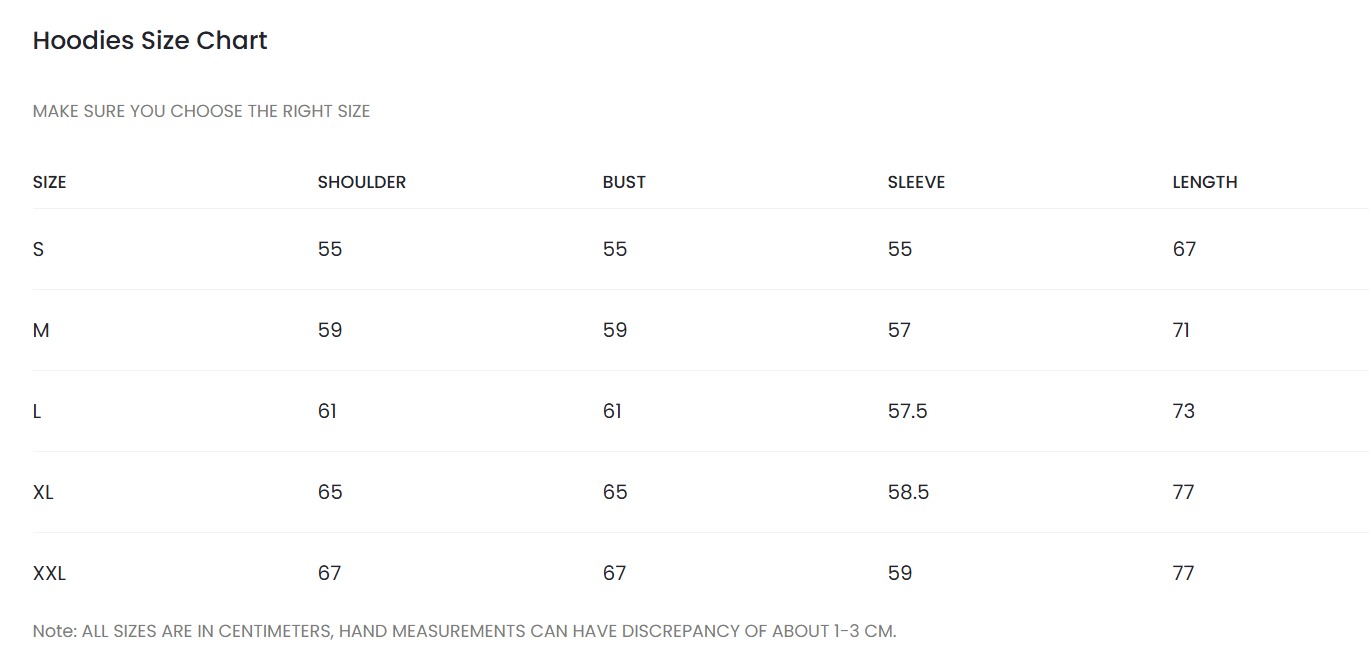 Hoodie Size Chart