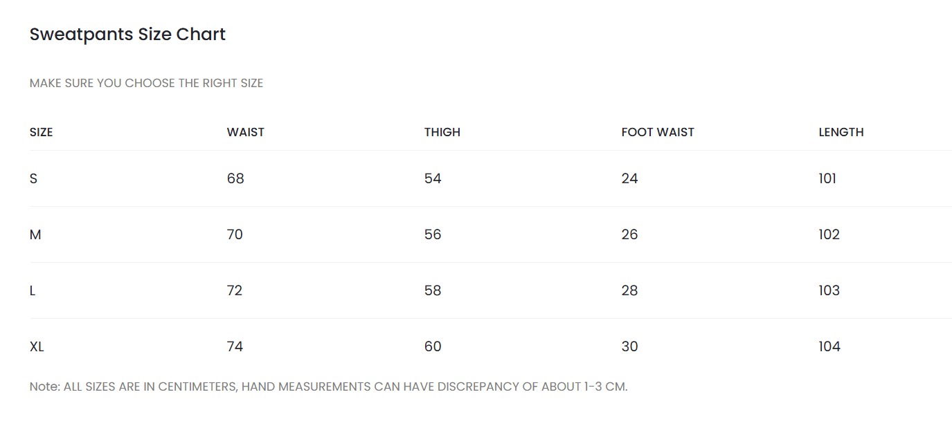 Sweatpants Size Chart